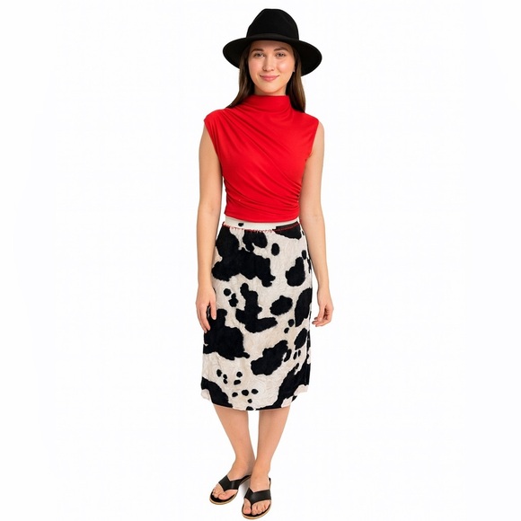 Vintage y2k designer Red and Black Cow Print fur midi pencil Skirt Size 4 - Picture 1 of 9